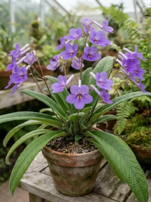 Streptocarpus mit länglichen Blättern und violetten, trichterförmigen Blüten