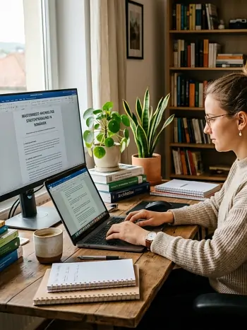 Eine Studentin am Schreibtisch bei der Literaturrecherche: Quellen recherchieren, prüfen und korrekt als Quelle angeben.