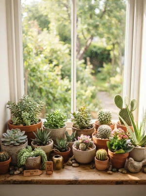 Sukkulenten auf einem sehr hellen, sonnigen Fensterbrett