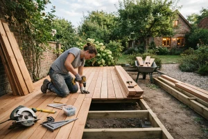 Terrasse im Eigenbau mit Werkzeug und Materialien