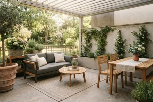Terrasse mit Pflanzen und Gartenmöbeln harmonisch kombiniert