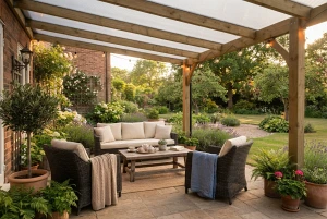 Überdachte Terrasse mit gemütlicher Sitzgruppe