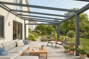 Terrasse mit gläsernem Überdachungsdach an einem sonnigen Tag