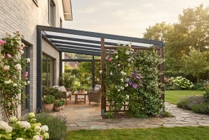 Terrassenüberdachung mit bepflanzten Rankgittern seitlich