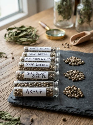 THC-Samen verschiedener Cannabissorten in Nahaufnahme