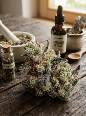Kristalline THCA-Struktur auf einer Cannabisblüte