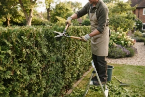 Thuja-Hecke wird im Garten geschnitten