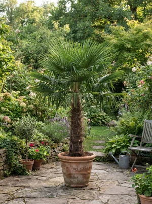 Trachycarpus fortunei mit faserig behaartem Stamm und Fächerwedeln