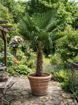 Trachycarpus latisectus mit breiten, tief eingeschnittenen Fächerwedeln