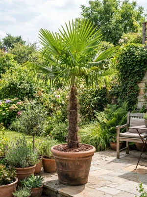 Trachycarpus martianus mit schlanken, fächerförmigen Wedeln