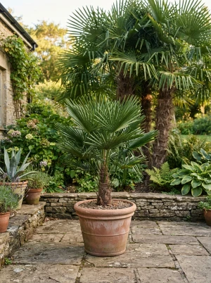 Trachycarpus nanus mit nahezu stammloser, fächerförmiger Blattrosette
