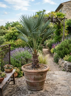 Trithrinax campestris mit dornenbesetztem Stamm und blaugrünen Fächerwedeln
