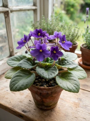 Usambaraveilchen mit samtigen Blättern und violetten Blüten