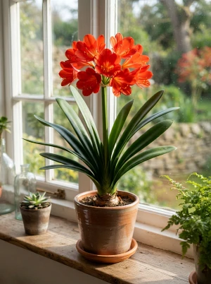 Vallota mit großen, orangeroten, trichterförmigen Blüten in Dolden