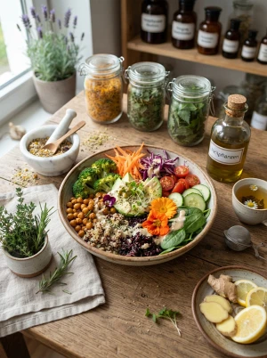 Vegane, pflanzliche Mahlzeit mit frischem Gemüse
