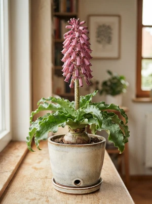Veltheimia mit walzenförmigem Blütenstand in Rosa- und Grüntönen