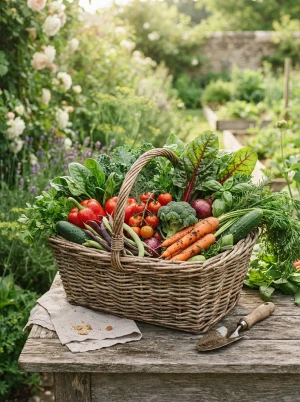 Korb mit frisch geerntetem, vitaminreichem Gemüse aus dem Garten