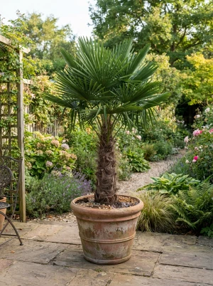 Trachycarpus fortunei 'wagnerianus' mit steifen, kleinen Fächerwedeln