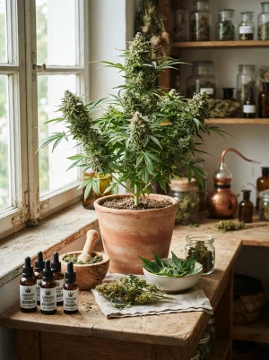 Cannabispflanze mit Blüten, Blättern und ätherischen Ölen