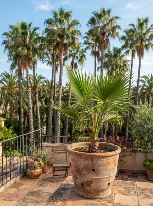 Washingtonia filifera mit kräftigem Stamm und fadenbesetzten Fächerwedeln