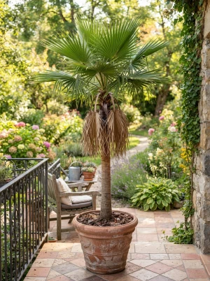 Washingtonia robusta mit hohem, schlankem Stamm und fächerförmiger Krone