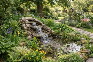 Wassergarten mit plätscherndem Wasserspiel und üppiger Uferbepflanzung