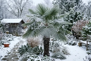 Winterharte Palme mit Raureif im Garten