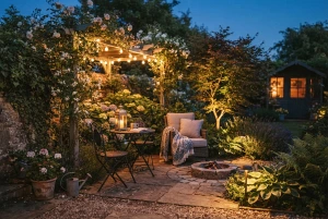 Warm beleuchtete, gemütliche Gartenecke am Abend
