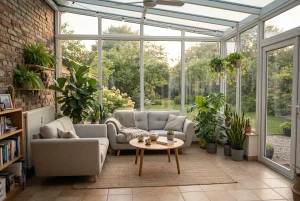 Wintergarten mit Sitzmöbeln und Pflanzen als zweites Wohnzimmer