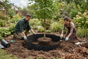 Wurzelsperre wird um einen jungen Baum in die Erde eingelassen