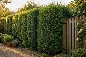 Hecke als grüner Sichtschutz entlang eines Gartenzauns