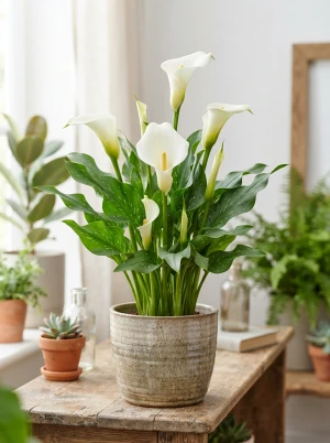 Zantedeschia mit trichterförmigem, weißem Hochblatt um den Blütenkolben
