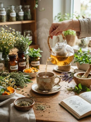Aufguss aus Heilkräutern wird in eine Tasse gegossen