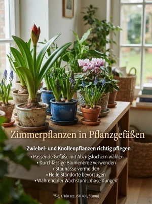 Verschiedene Knollen- und Zwiebelpflanzen in Pflanzgefäßen an einem hellen Fenster