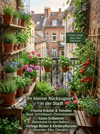 Üppig bepflanzter Stadtbalkon mit Kräutern, Tomaten, Erdbeeren und blühenden Kletterpflanzen an Terrakotta-Töpfen