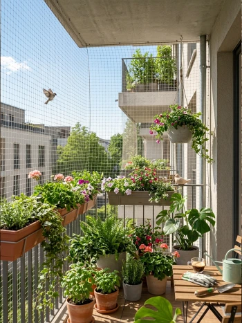 Stadtbalkon mit gespanntem Schutznetz, dahinter Balkonkästen mit Geranien und Kräutern sowie Töpfe mit Monstera und Farnen
