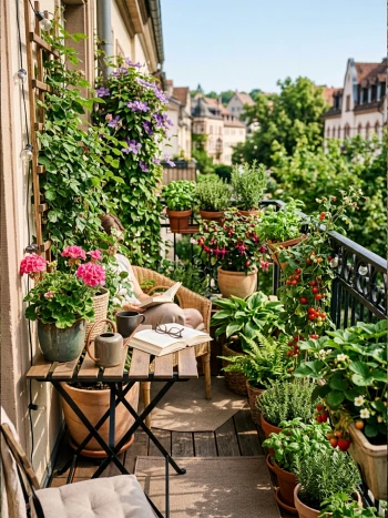 Schmaler Stadtbalkon mit Weidenstuhl, Buch und Kaffee, umgeben von Erdbeeren, Tomaten, Geranien und Clematis