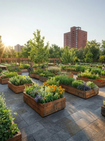 Garten mit Hochbeeten aus Holz auf einer gepflasterten Fläche, bepflanzt mit Kräutern, Stauden und Sommerblumen, im Hintergrund Bäume, eine Pergola und ein Wohnhochhaus im Abendlicht