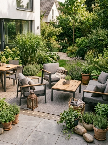 Moderne Outdoor-Lounge mit grauen Aluminium-Sesseln, Holzcouchtisch und üppiger Gartenbepflanzung auf Steinplatten