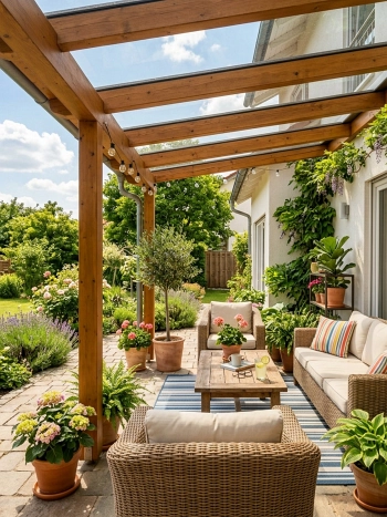 Überdachte Terrasse mit Polyrattan-Sitzmöbeln, Geranien und blühenden Pflanzen in Terrakottakübeln unter Holz-Glas-Pergola