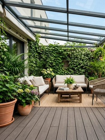 Helle WPC-Terrassendielen unter einem Glasdach mit Outdoor-Sitzmöbeln und Kletterpflanzen als grüner Sichtschutz