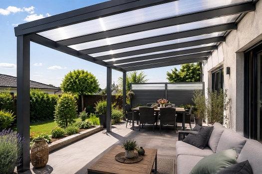 Moderne Terrassenüberdachung mit anthrazitfarbenem Aluminiumrahmen und Polycarbonat-Doppelstegplatten, kombinierter Ess- und Loungebereich mit Gartenpflanzen