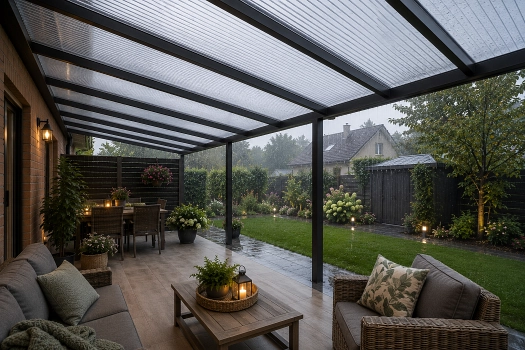 Gemütliche überdachte Terrasse bei starkem Regen mit Kerzenlicht und Rattanmöbeln – trockenes Ambiente unter Polycarbonat-Stegplatten