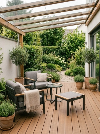 Überdachte Terrasse mit WPC-Holzdielen, grauen Outdoor-Sesseln und Olivenbäumen in Terrakottakübeln unter Glasdach