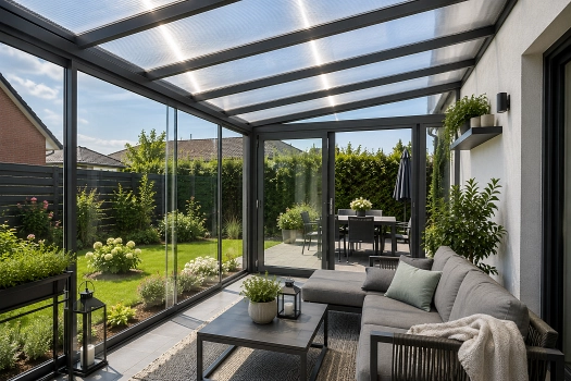 Wintergarten-Innenansicht mit Acrylglas-Stegplatten als Dach, Schiebeverglasung, grauer Loungegarnitur und Blick in den Garten
