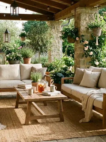 Ein harmonisches Zusammenspiel aus lebendigem Grün und edlem Design verwandelt die Terrasse in eine Oase der Gemütlichkeit.