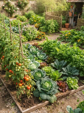 Üppiger Gemüsegarten mit Hochbeeten, Tomaten, Kohl und Salat