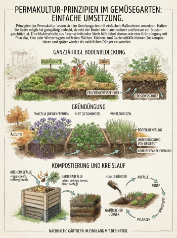 Infografik: Permakultur-Prinzipien im Gemüsegarten – Bodenbedeckung, Gründüngung und Kompostierung