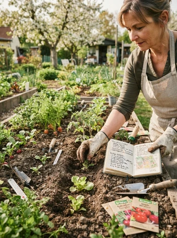 Gärtnerin plant mit Gartentagebuch und Saatgut-Tütchen die Aussaat im Beet