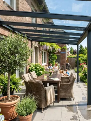 Haus mit Gartenfläche und Pflanzenbestand – Sitzbereich und Pflanzenkombinationen lassen sich mit guter Planung harmonisch verbinden.